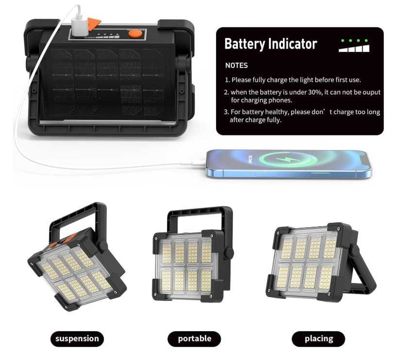 Akumulatorowa lampa/ reflektor LED z panelem solarnym i powerbankiem