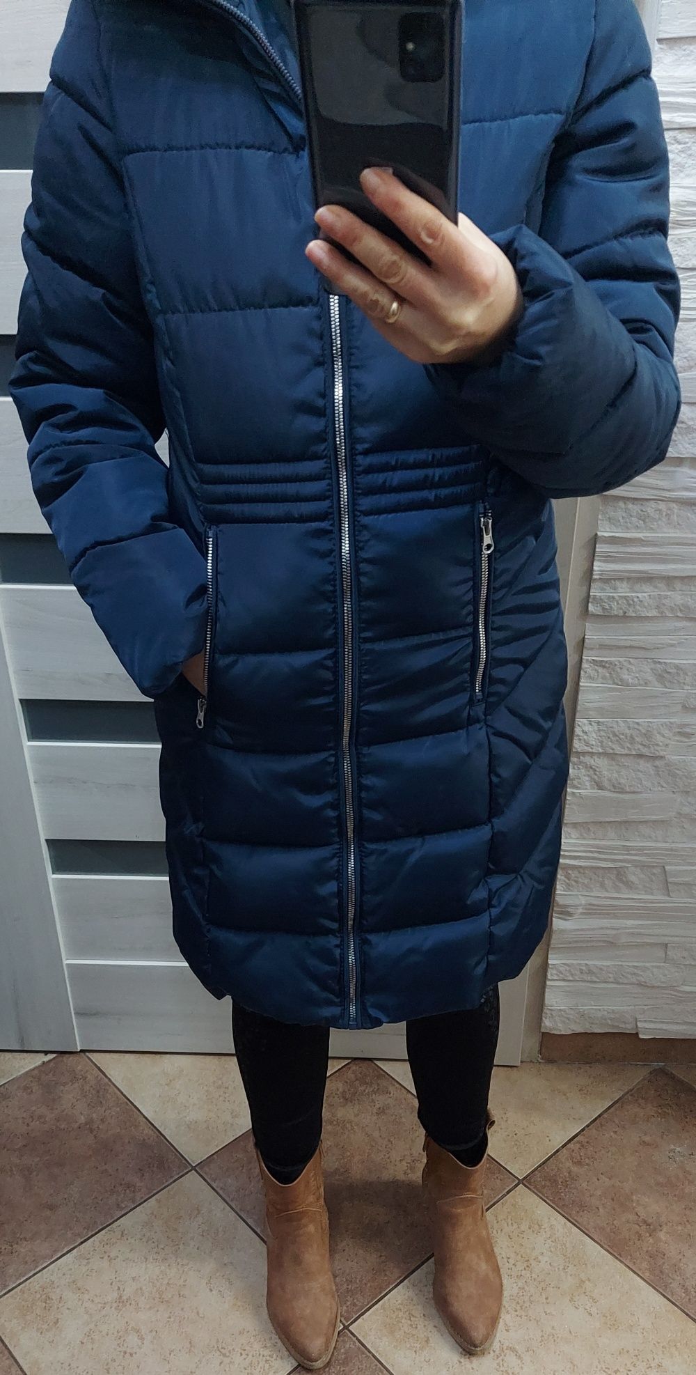 Kurtka zimowa pikowana płaszcz, granatowa z futerkiem pepco r. 164