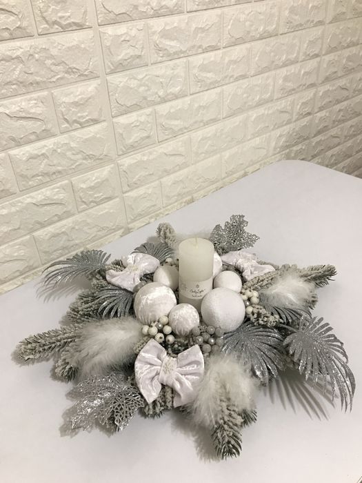 Новорічний набір декору ручної роботи: вінок, ялинка, підсвічник,