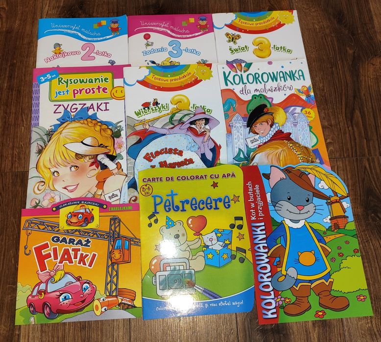 Książeczki do nauki, kolorowanki, naklejki, wycinanki - zestaw 9 szt
