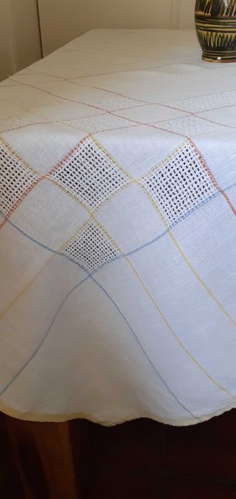 Obrus lniany ażurowe wzory biały + kolor