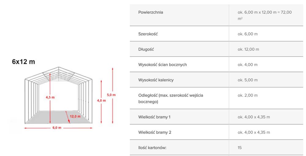 Hala namiotowa, duży namiot 6x12x4,5