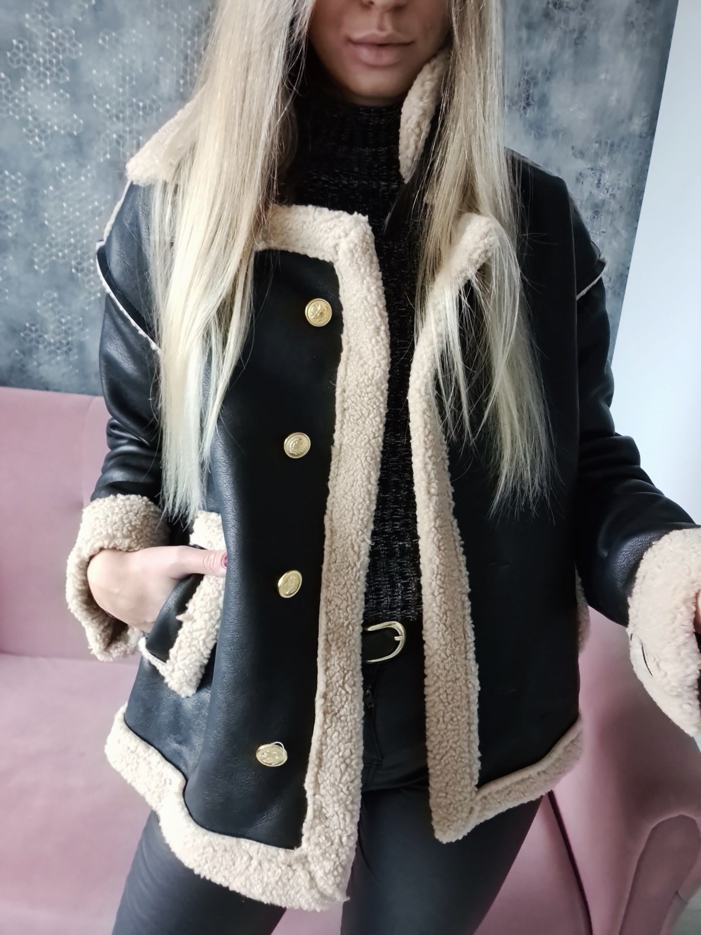 Gruba kurtka vintage kożuszek baranek ramoneska teddy czarna złote