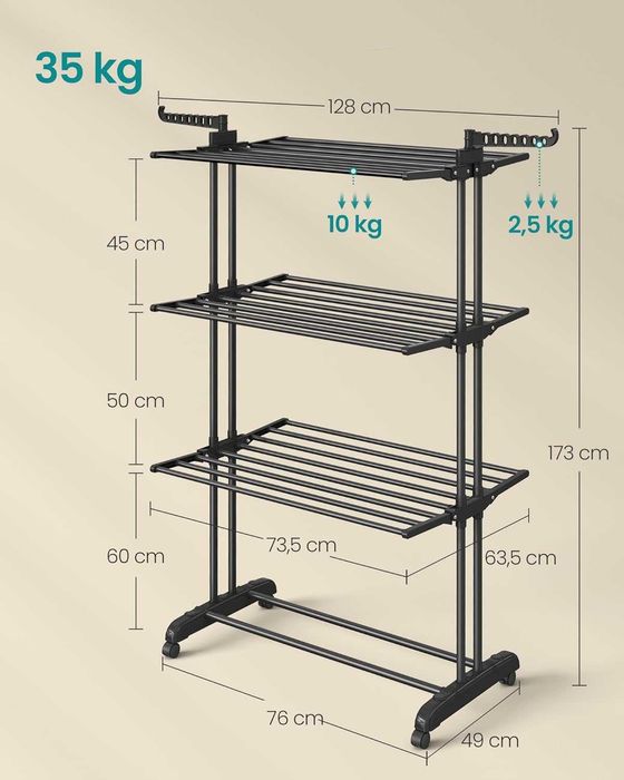 Suszarka na pranie 4 poziomy, składane skrzydła 63,5x128x173 cm czarna