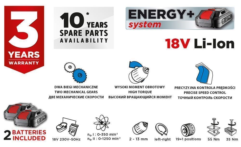 Zestaw wiertarko-wkrętarka aku ENERGY+ 2x aku 2ah + ładowarka +walizka