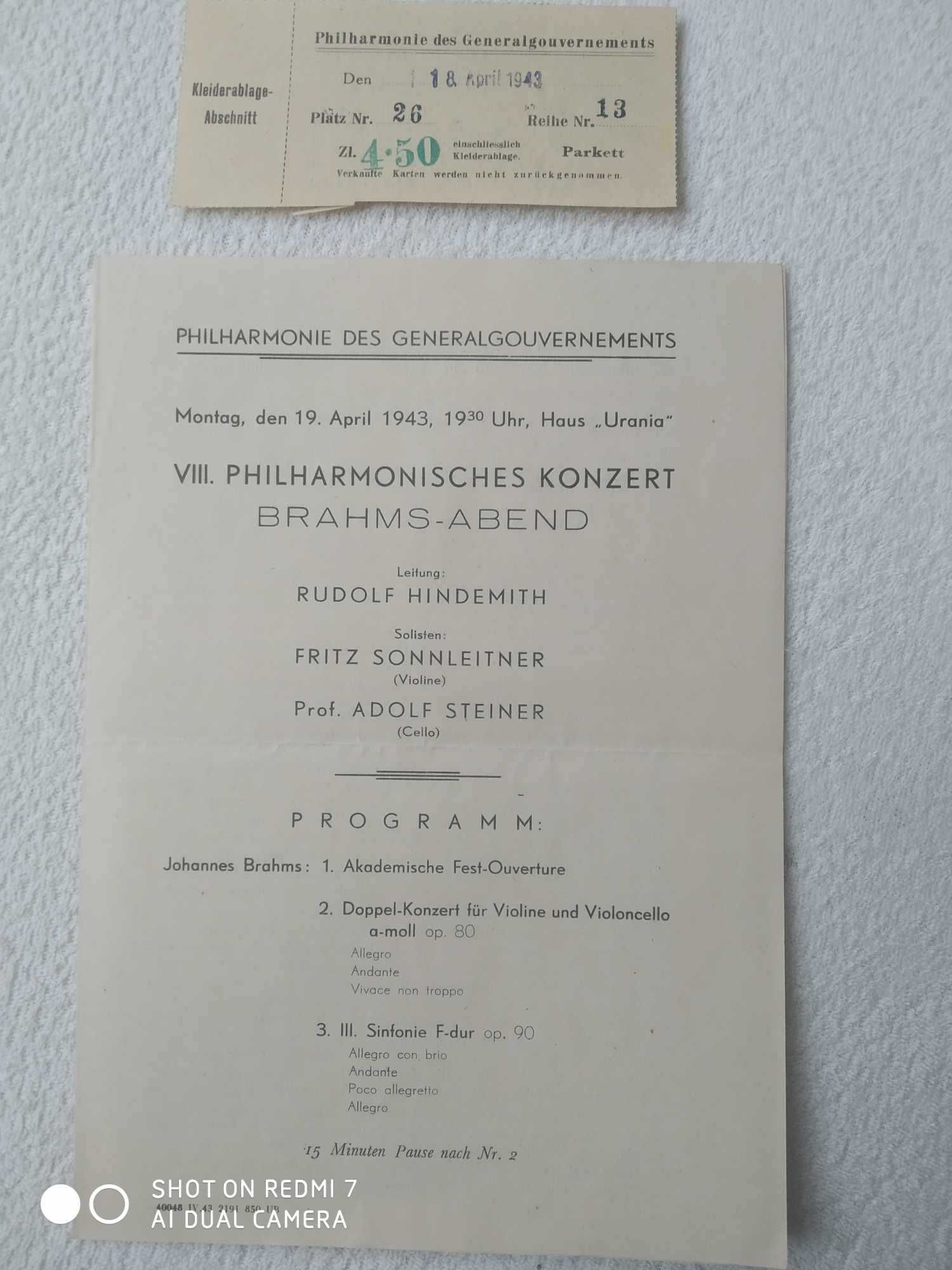 bilet i program koncertu 19 kwietnia 1944. Filharmonia Gen. Gub.