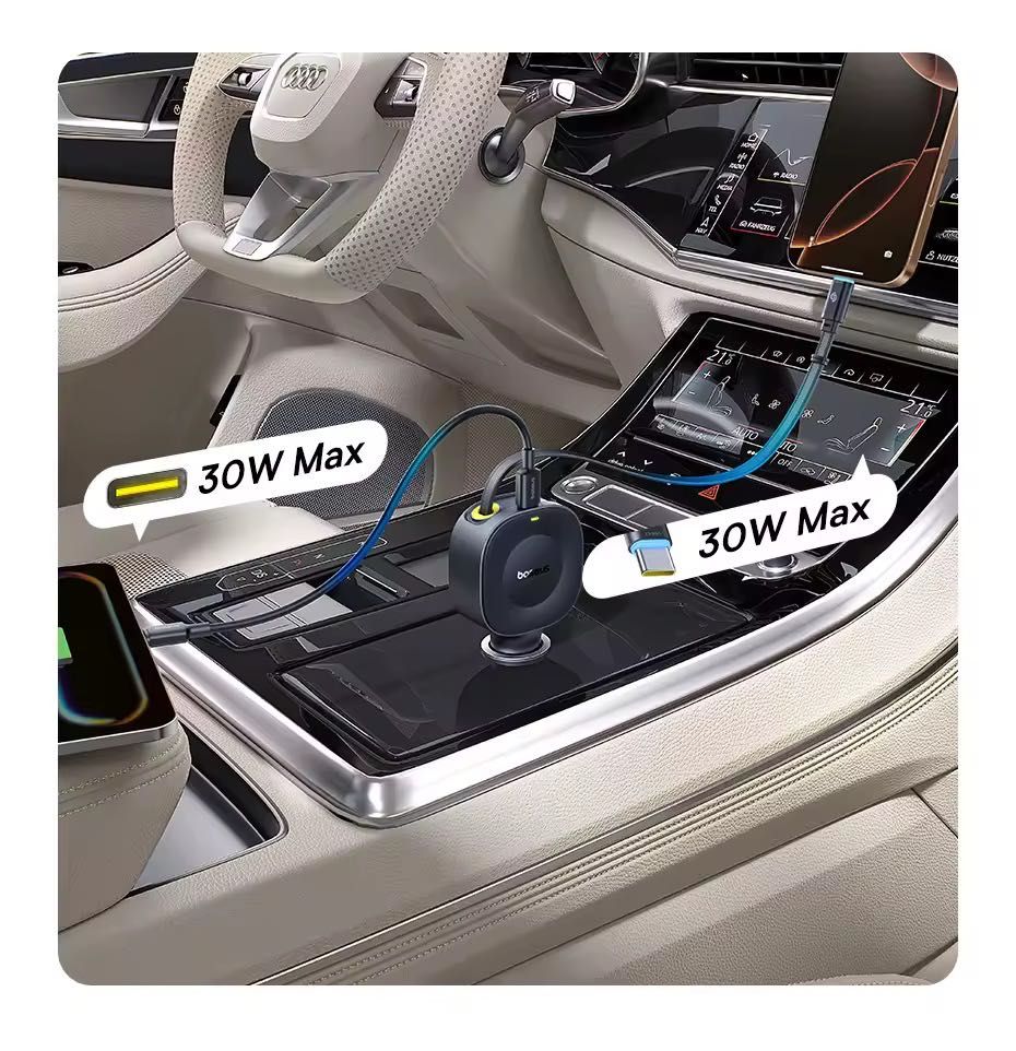 Baseus Szybka ładowarka samochodowa 30 W Wysuwany kabel C USB-C