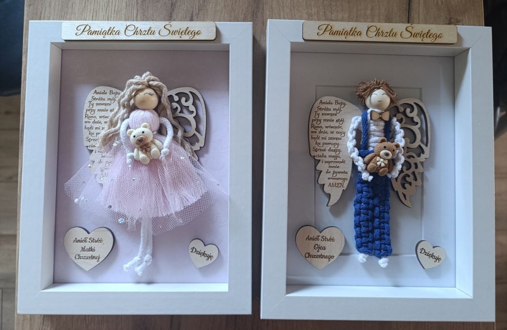 Dwie ramki dla rodziców chrzestnych pamiątka Chrztu Świętego anioły