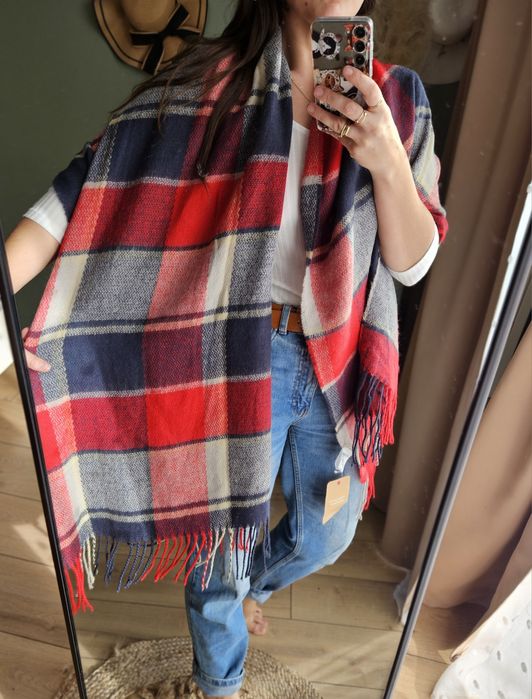 Nowy Duży Miękki Szal Pled w Czerwoną Kratę Granat Szary Cotton Trader