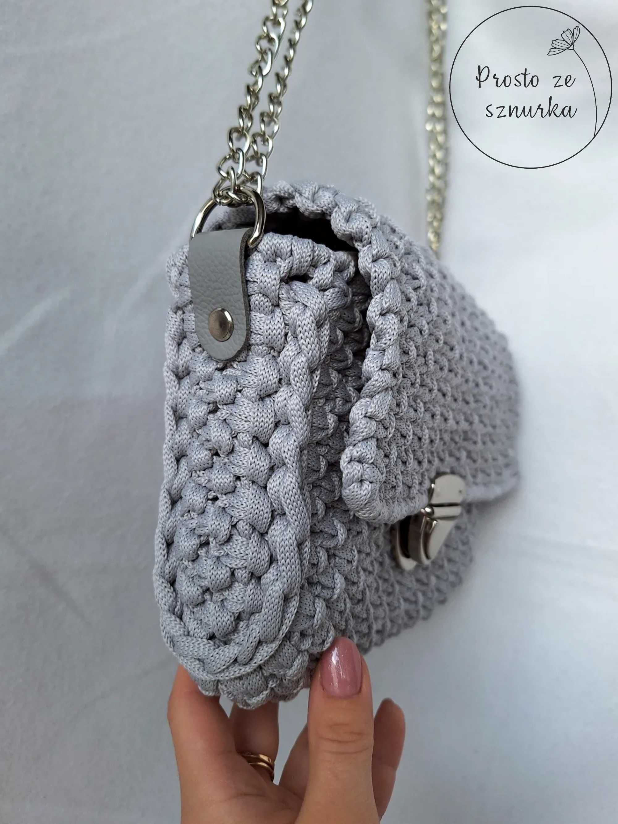 Torebka ze sznurka na łańcuszku ze skórą naturalną makrama handmade