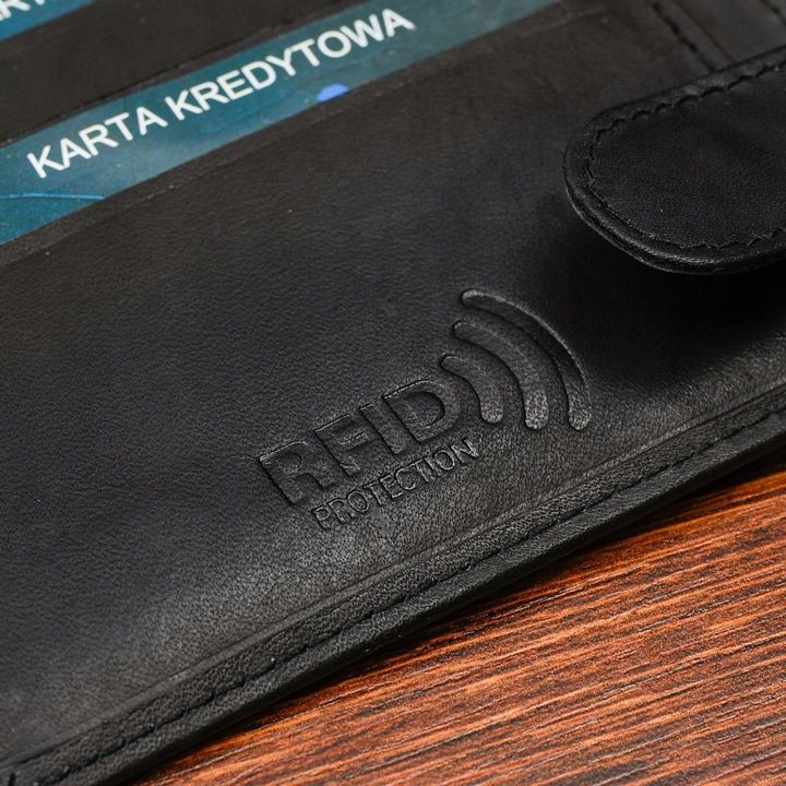 Męski Portfel Skórzany Czarny Rfid Skóra Rozkładany Poziomy Duży Belti