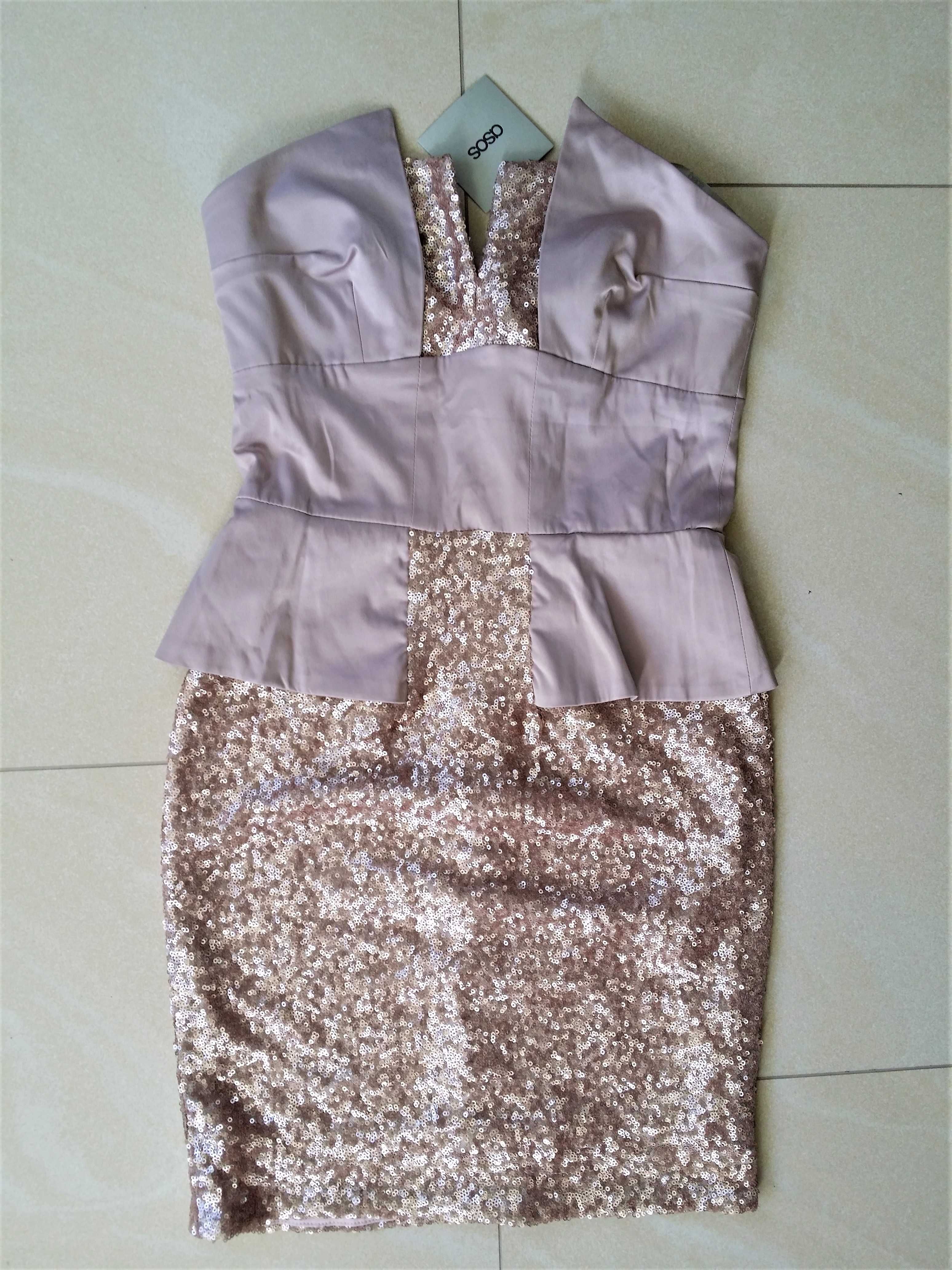 gorsetowa sukienka cekino nude złota beż mini bodycoon baskinka S ASOS