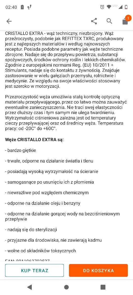 Wąż igielitowy  4m CRISTALLO EXTRA 25x3 mm