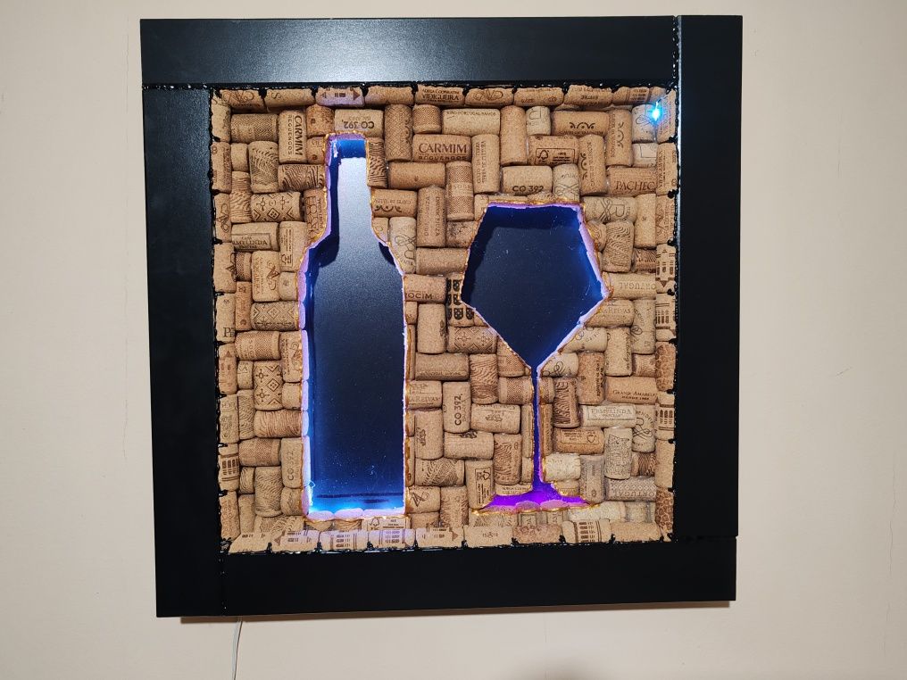 Quadro retro iluminado rolhas cortiça