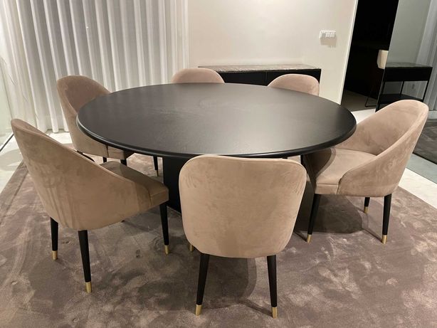 Mesa de jantar circular 1800 c/ 6 Cadeiras tecido cor areia
