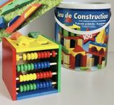 Zestaw drewnianych zabawek: klocki 100szt. i edukacyjny sześcian