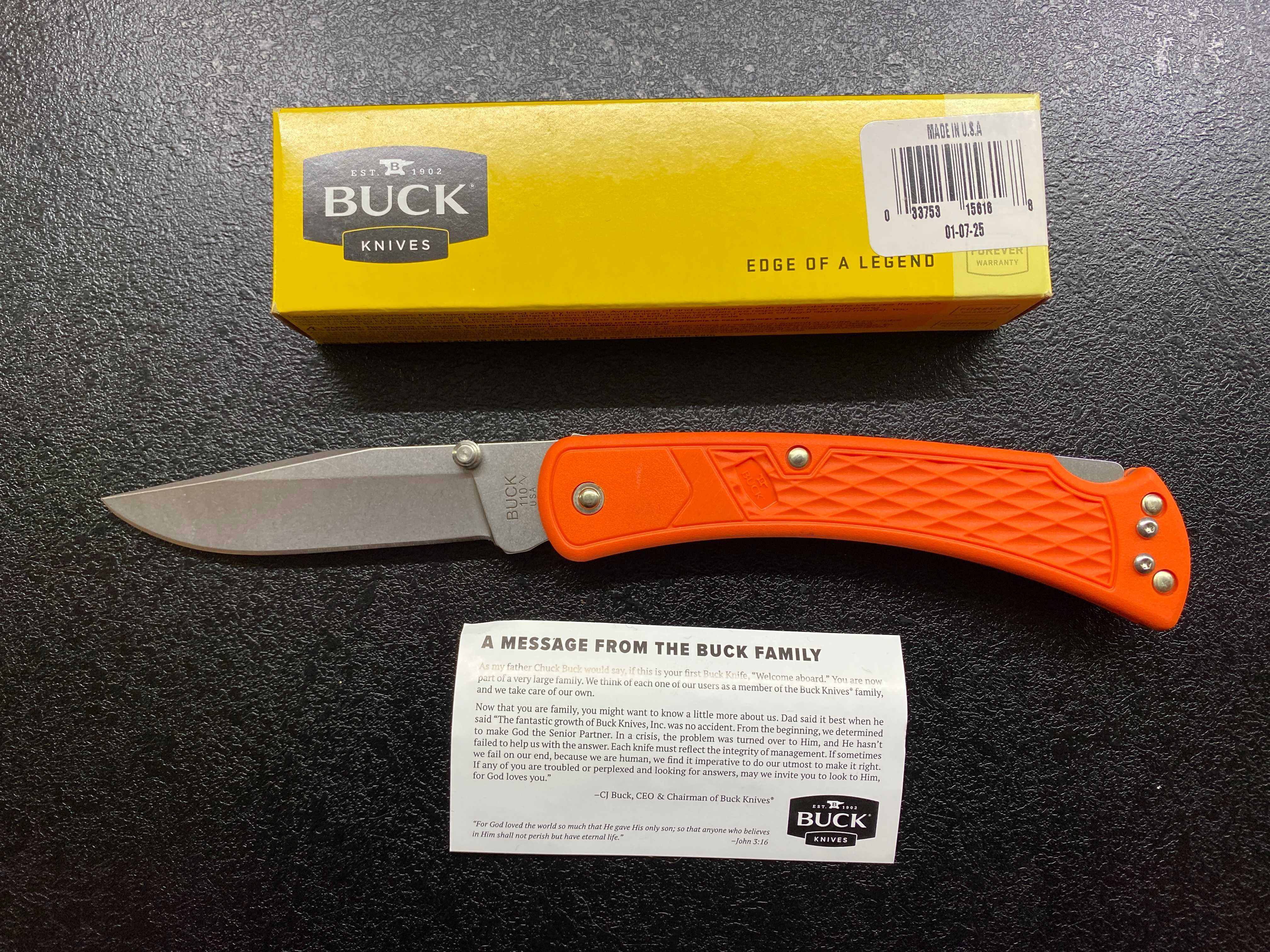 Buck 110 Slim Hunter, 420HC, помаранчевий/зелений/чорний. Оригінал