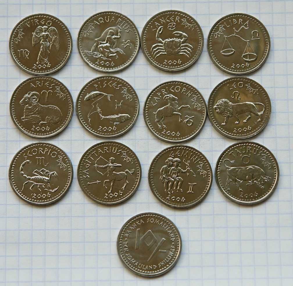 Монеты Сомали Восточный календарь 12шт, Сомалиленд Знаки Зодиака 12шт