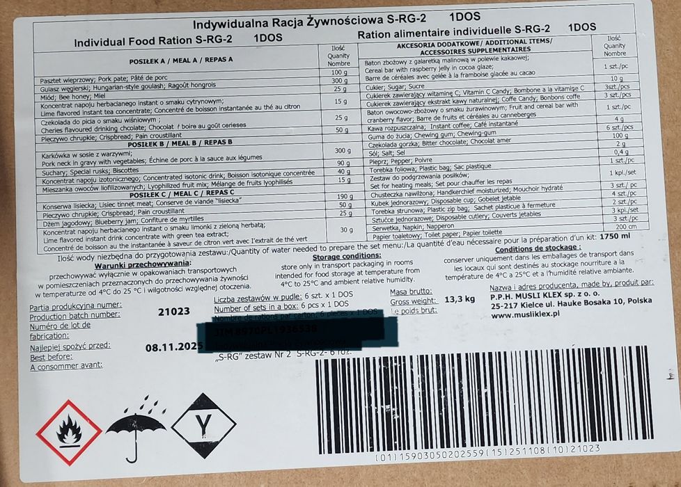 Indywidualna racja żywnościowa S-RG 2