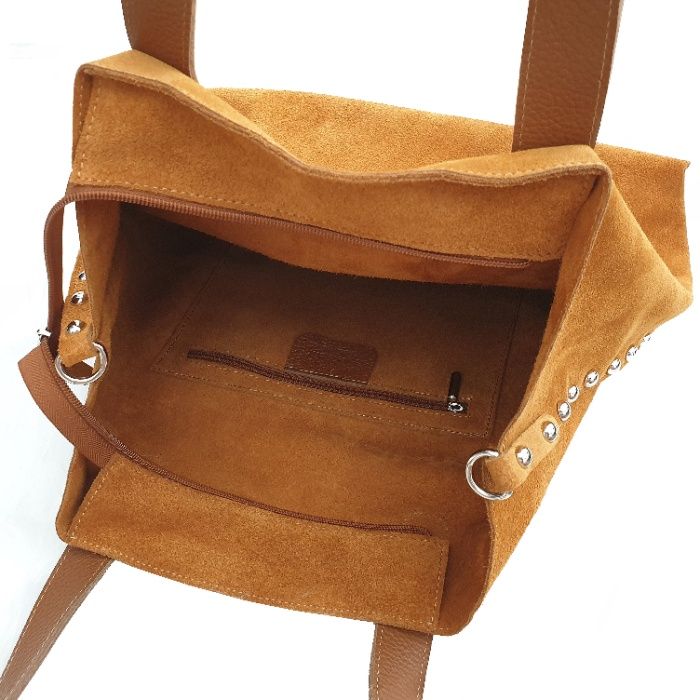 VERA PELLE torebka damska zamszowa shopper z ćwiekami V407 taupe