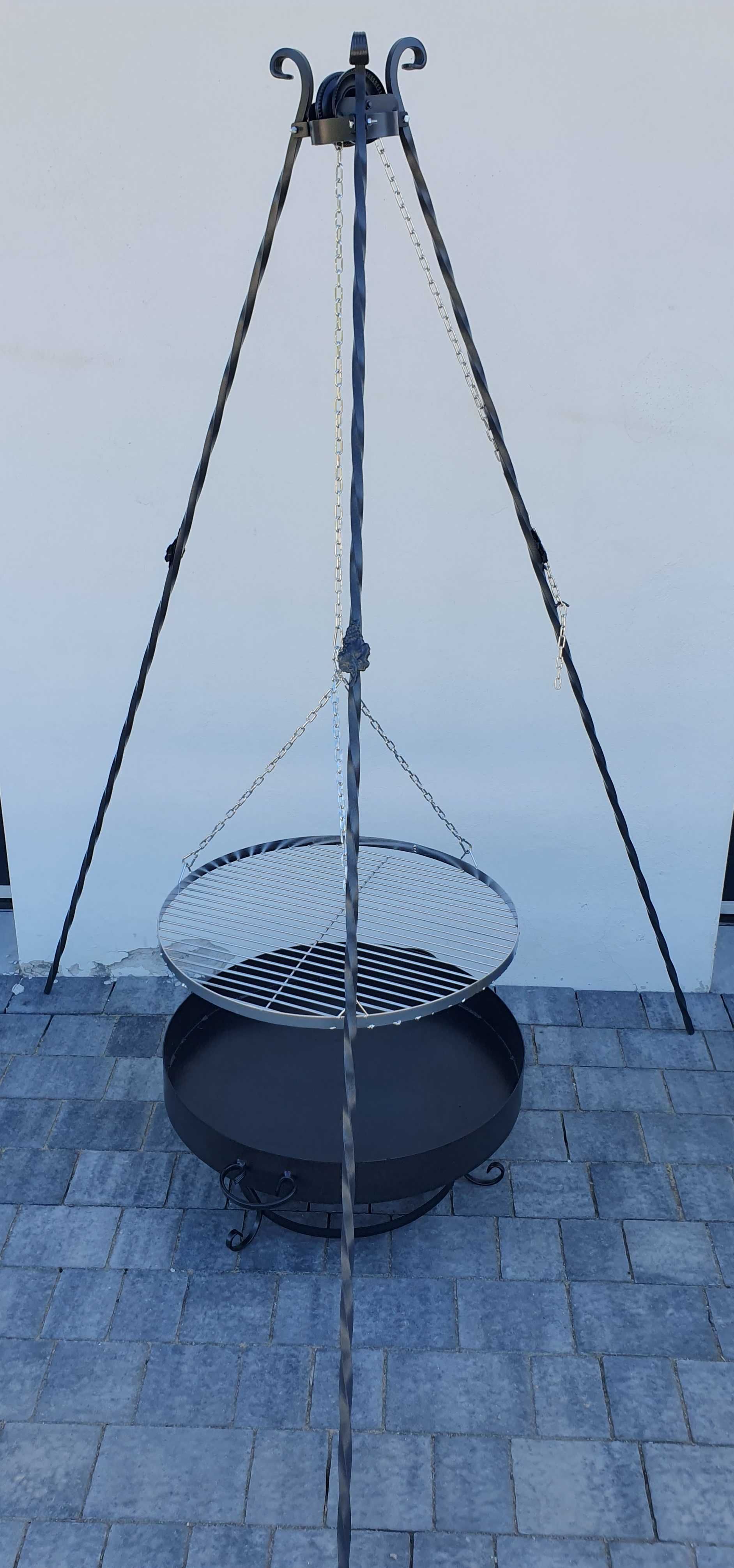 Grill trójnóg ogrodowy ruszt niklowany wiszący okrągły 60cm  SOLIDNY