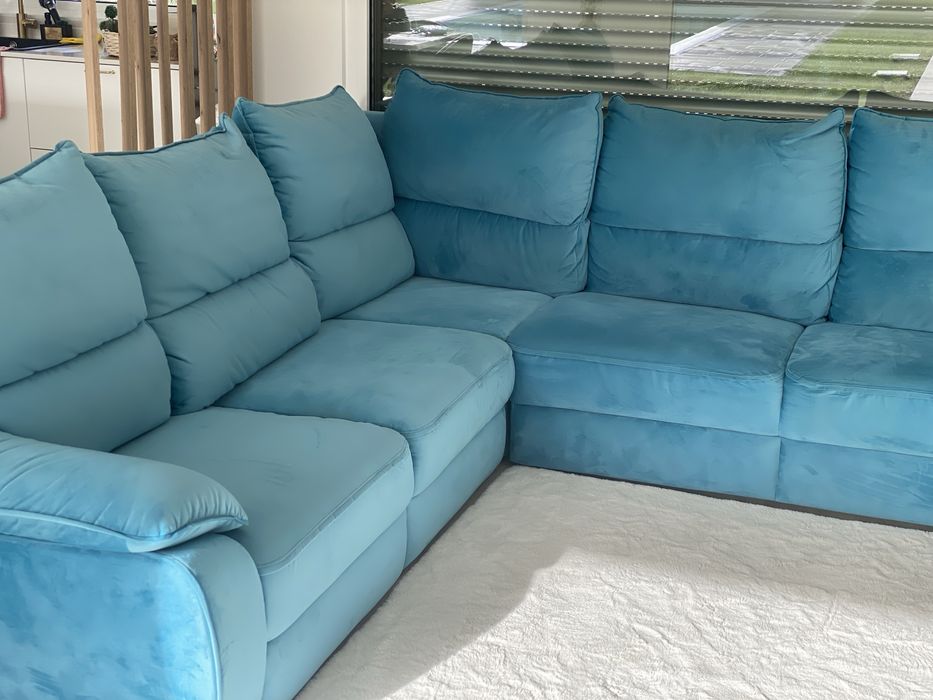 Sofá de canto azul-turquesa com chaise longue — excelente estado!