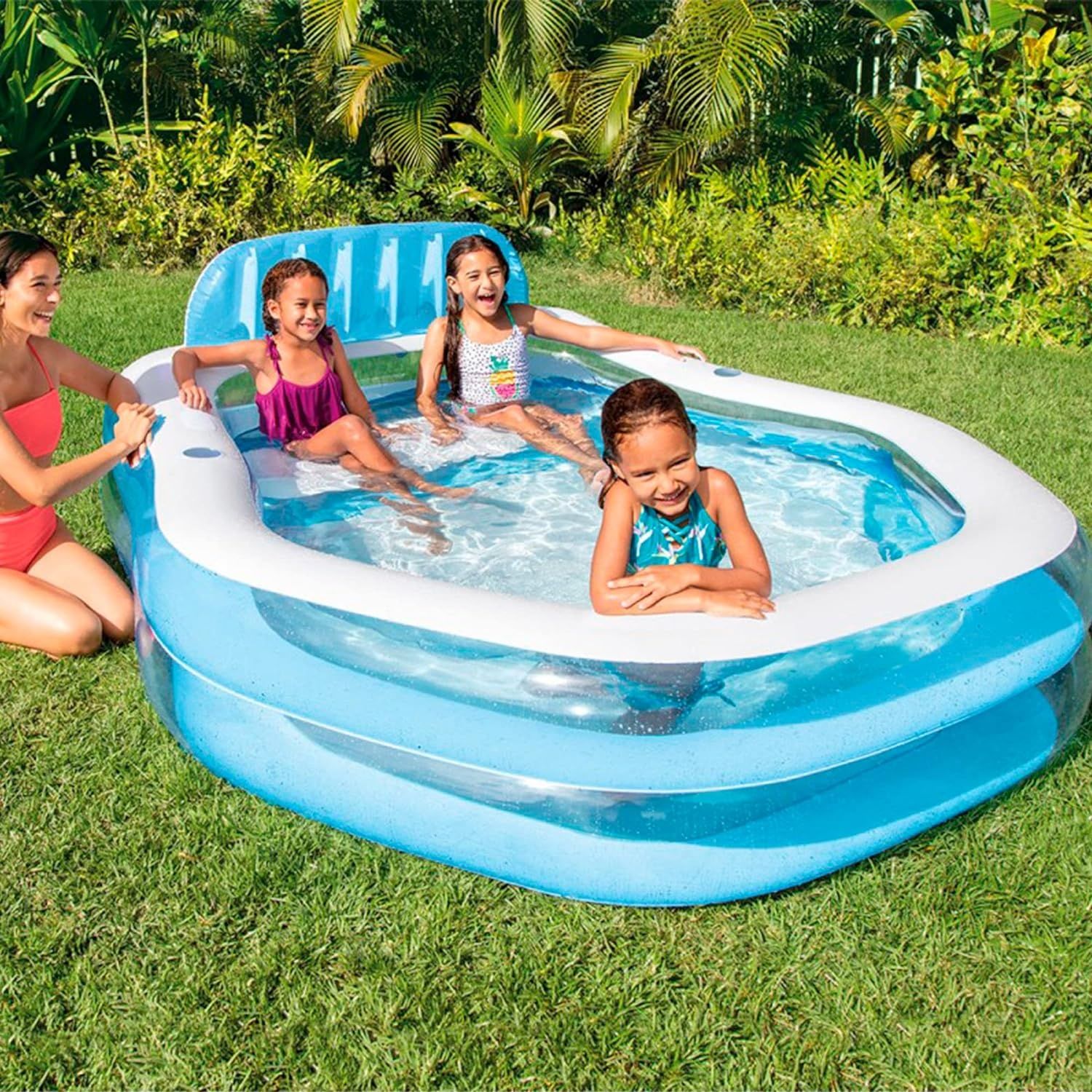 Piscina insuflável com sofá, toldo removível e porta-copos 229x191x135