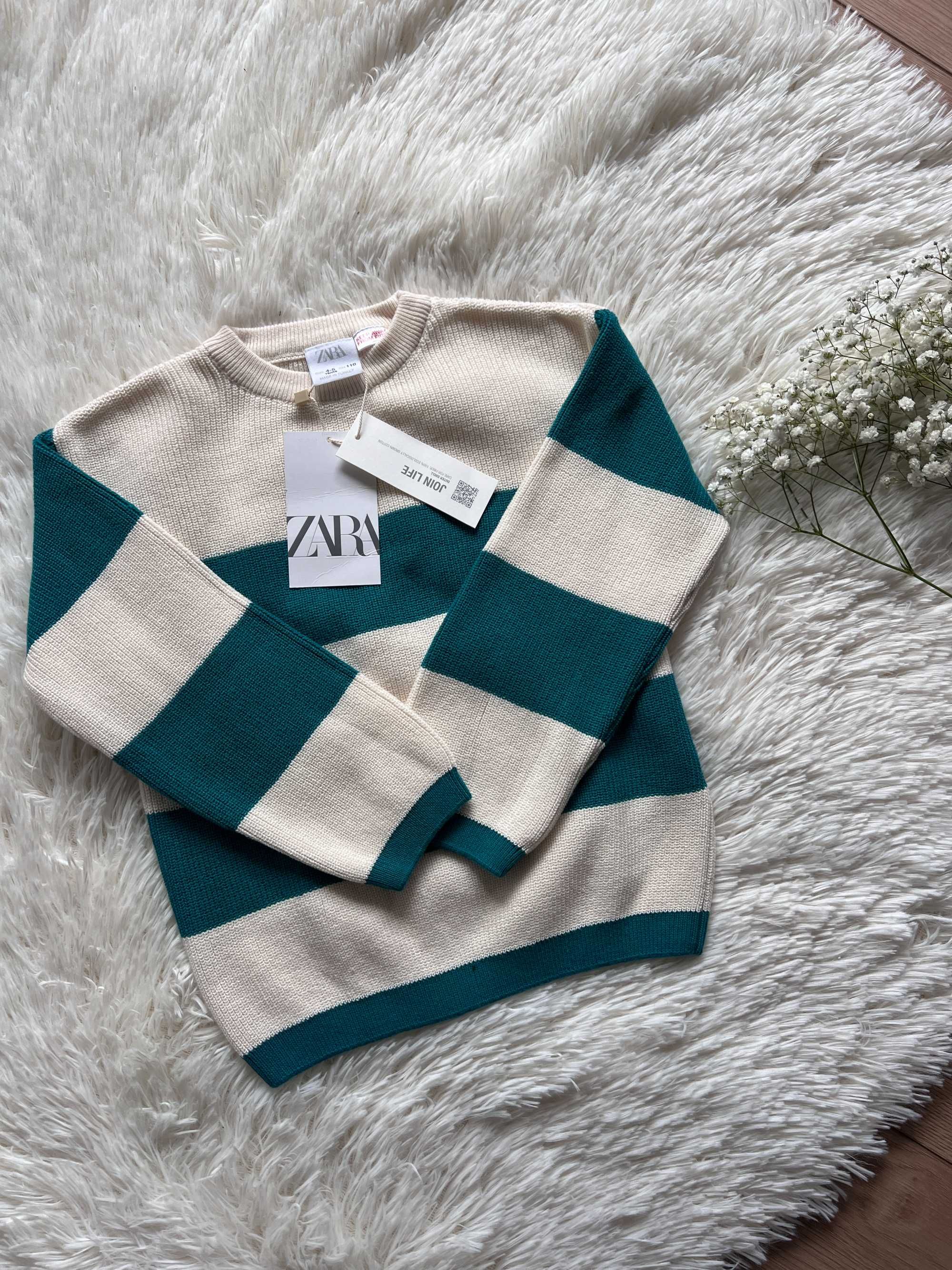 Nowy z metką elegancki sweter biało zielony pasy r 110 4-5 lata ZARA