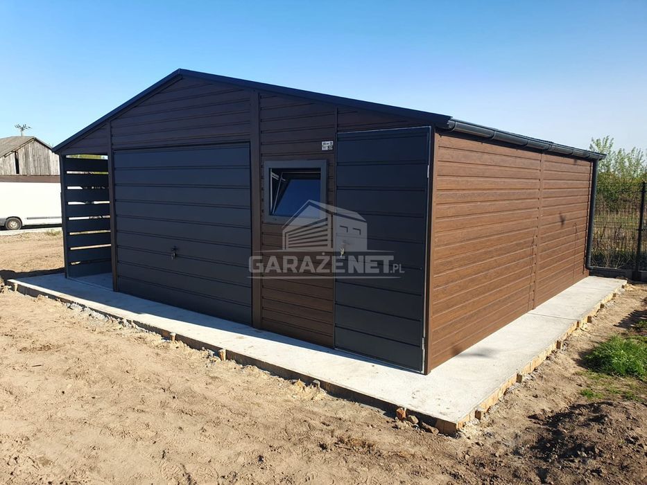 GARAŻ BLASZANY 5X6 + Wiata 1,5X6 Brama Uchylna Okno Drzwi Rynny GB428