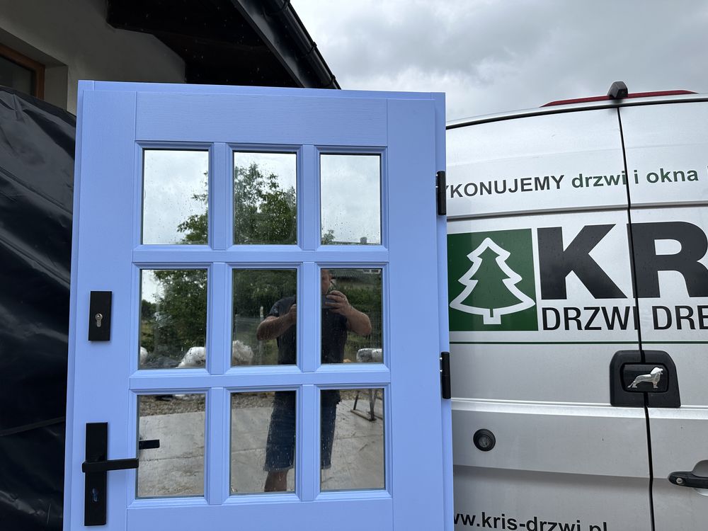 Drzwi zewnętrzne drewniane Amerykańskie  Niebieskie MONTAŻ CAŁA POLSKA