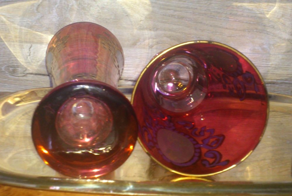 Para szklanic MOSER BOHEMIA Cranberry Gold Medalion Glasses