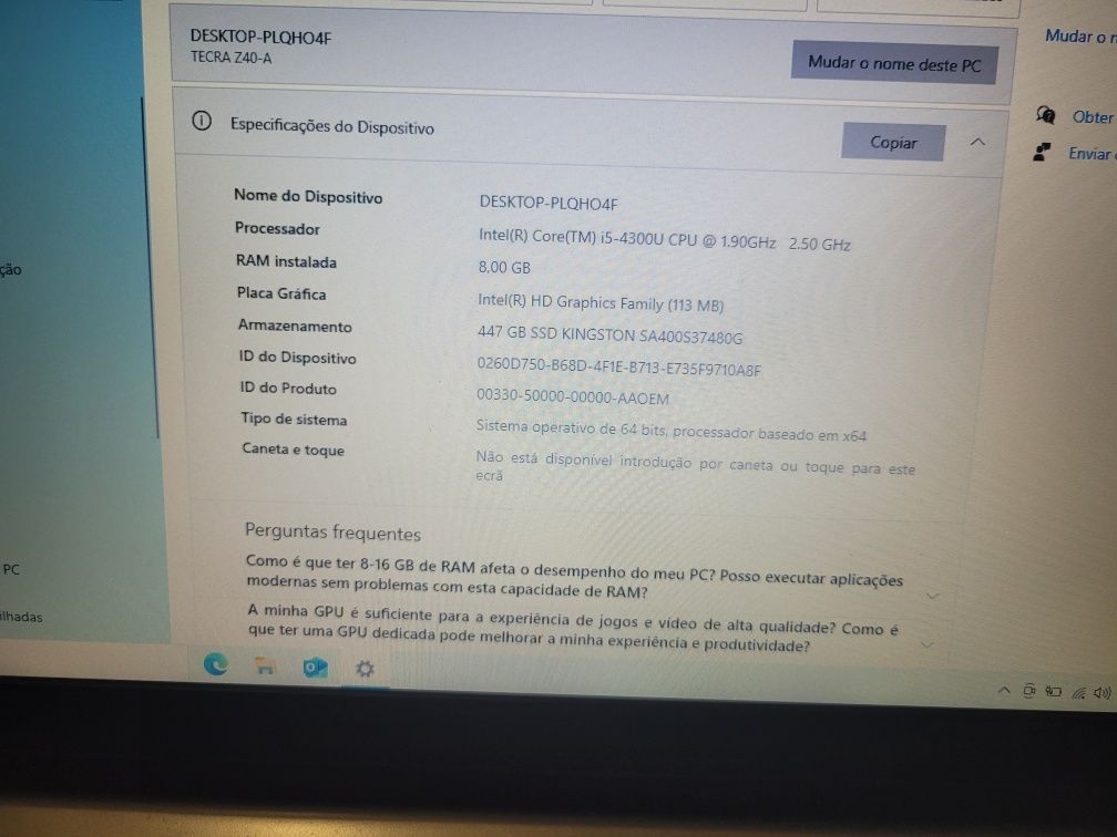 Portátil Toshiba Tecra Z40 i5 de 4th gen