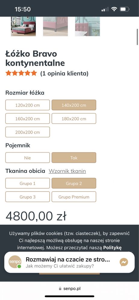 Senpo łóżko bravo kontynentalne tapicerowane i materac eve sleep 140