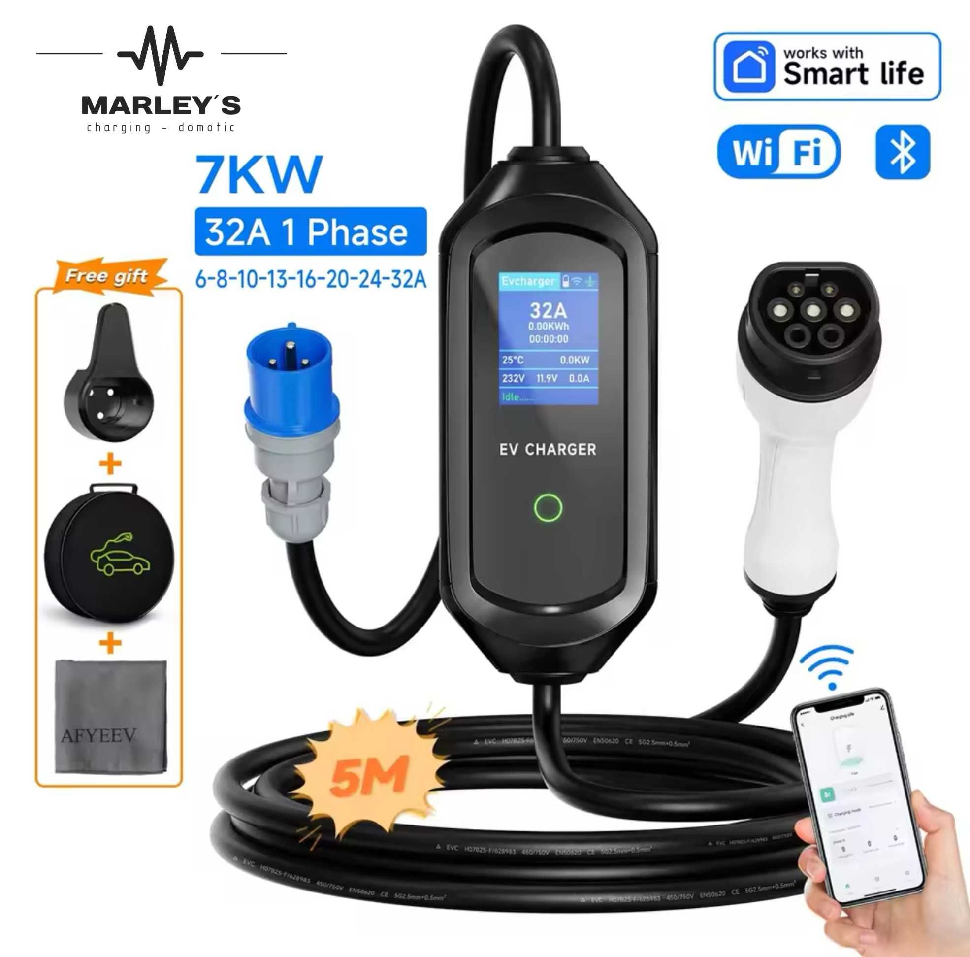 Carregador Portátil 7 kw - 32A - C/ APP - c/ Bolsa e Suporte Cabo