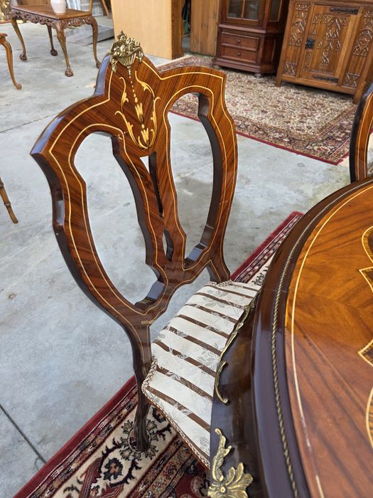 Stół okrągły intarsjowany okuwany mosiądzem + 6 krzeseł #2118 Stylowy