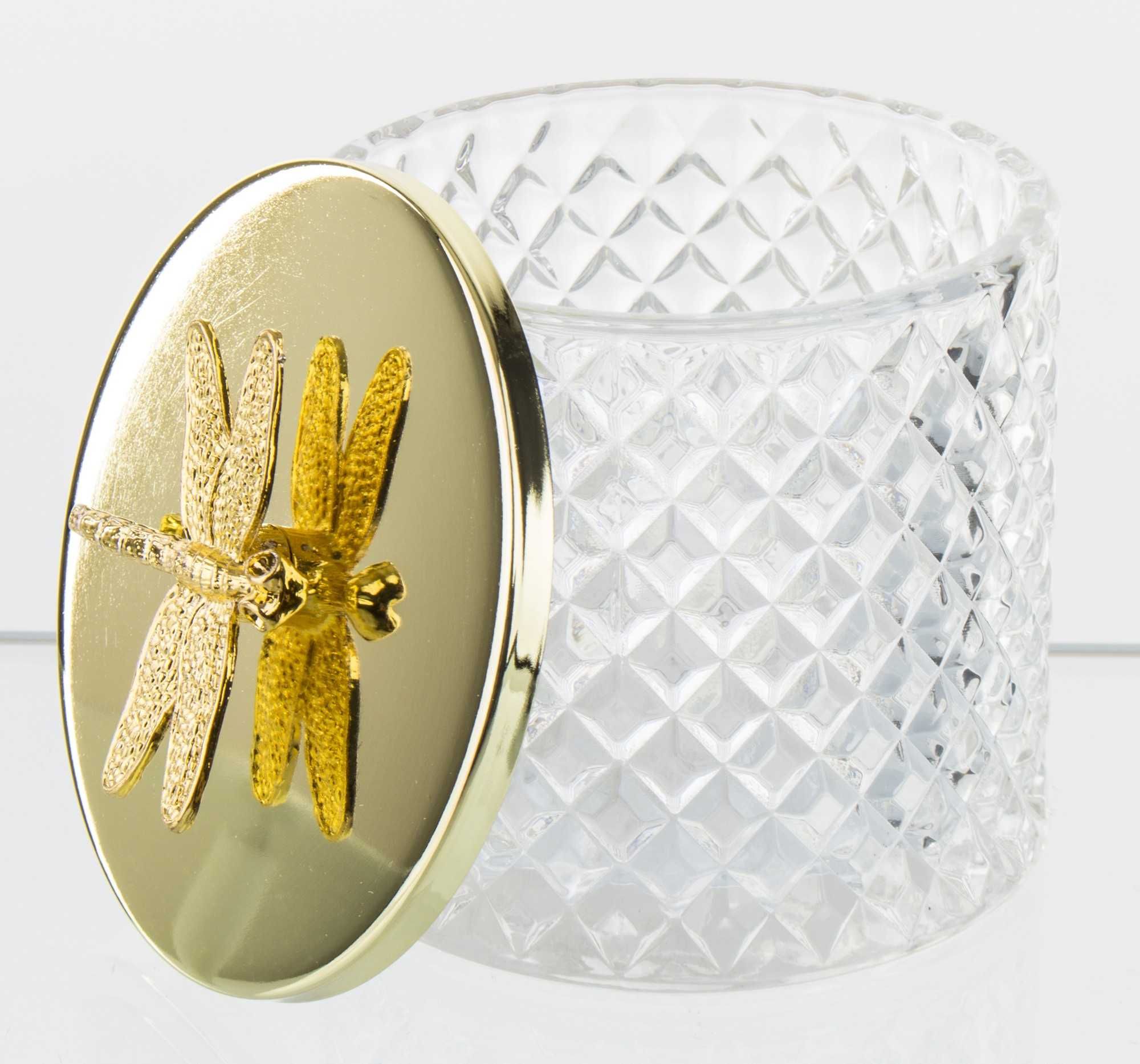 Pojemnik dekoracyjny szklany z pokrywką 9 cm ważka złoty