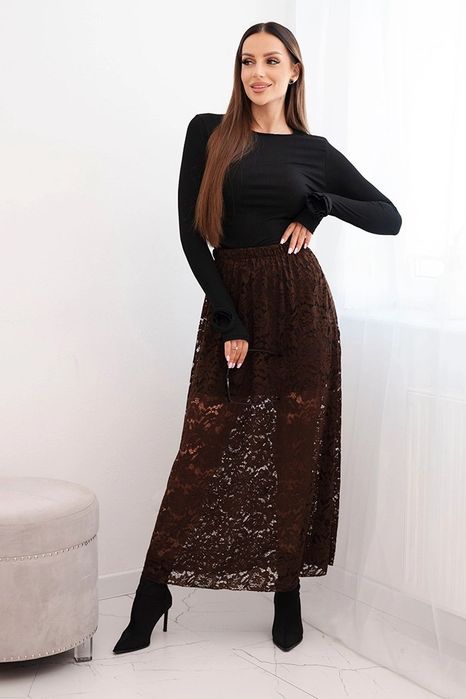Spódnica damska brązowa z koronką i podszewką midi, elastyczny pas