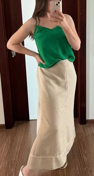 Beżowa maxi lniana spódnica z delikatną koronką na lato XXXL 46