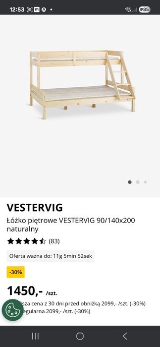 Lozko piętrowe z jednym materacem Góra 90, dol 140 cm