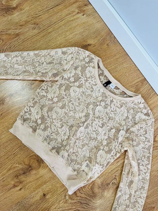 Bluzka h&m koronkowa elegancka krótka beżowa
