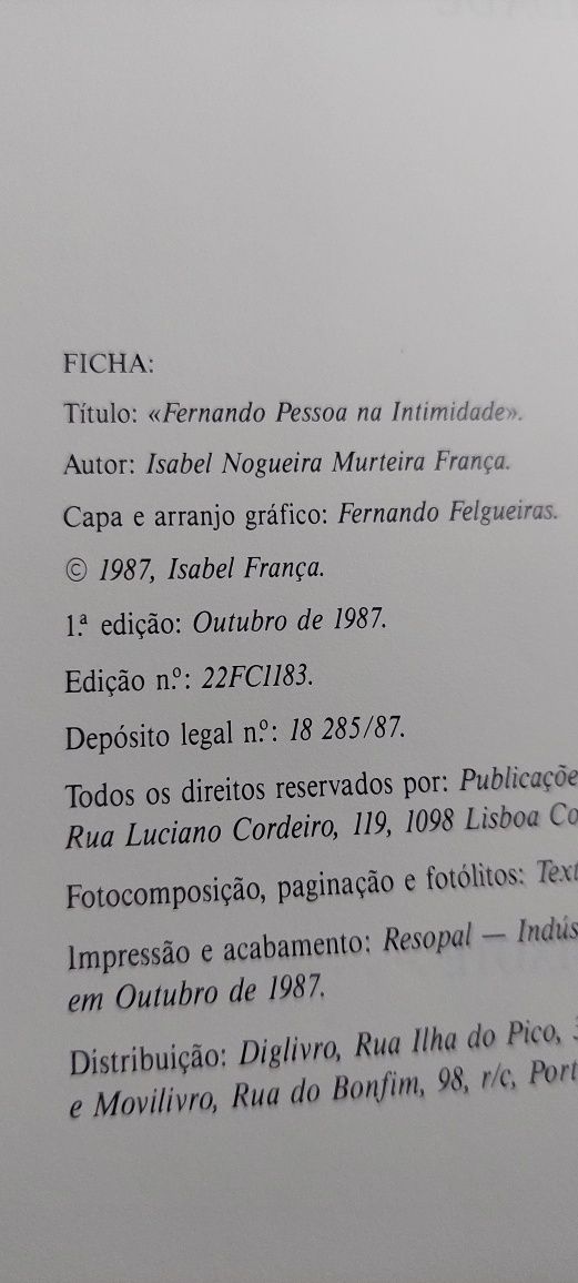 Fernando Pessoa na Intimidade - Isabel Murteira França (1ª edição)