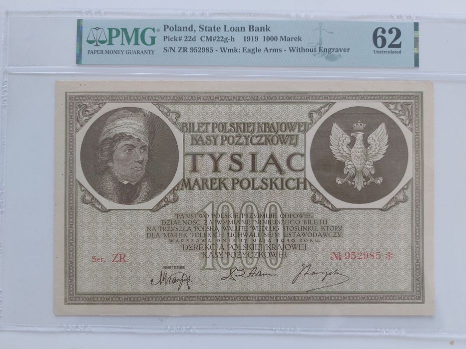 1000 Marek Polskich 1919 UNC PMG 62 Ser. ZR. Stan 1 okazja mała litera