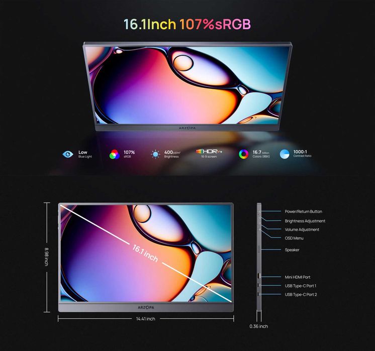 Портативний ігровий монітор ARZOPA Z3FC 16.1" Grey QHD 180Hz + чохол