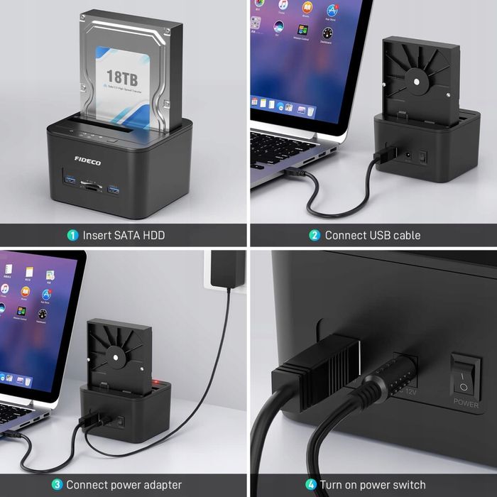 Fideco Stacja Dokująca do Dysków Twardych USB SATA HDD SSD 2 x 18TB