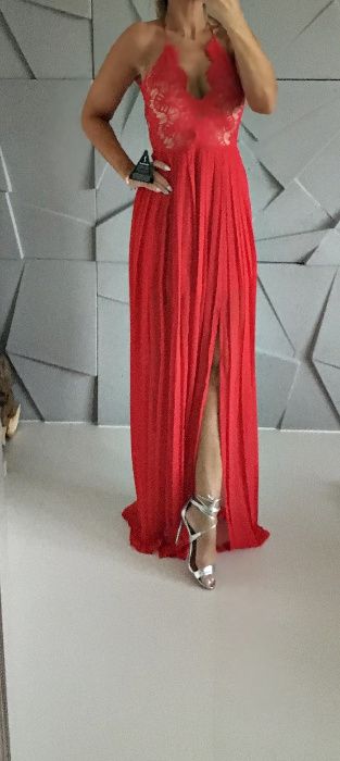 Maxi piękna sukienka koronka rozcięcie S studniówka Asos