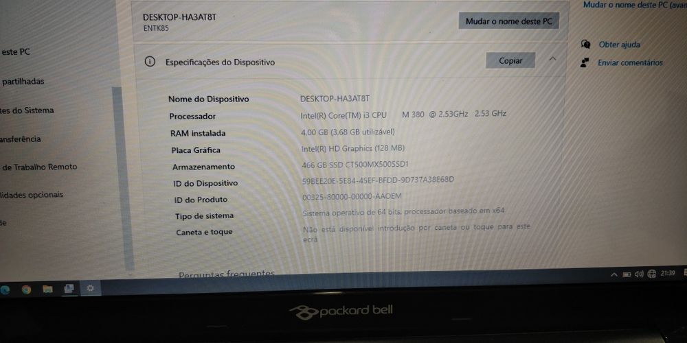 Portátil Packard Bell PEW91 Intel i3 / SSD 500Gb / RAM 4Gb