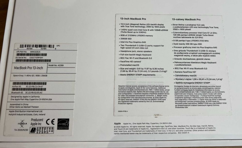 Macbook Pro A2289 i5 / 8 GB / 256 GB / 279 cykli