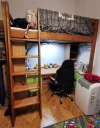 Łóżko piętrowe z biurkiem, szafkami i szufladami, drewniane