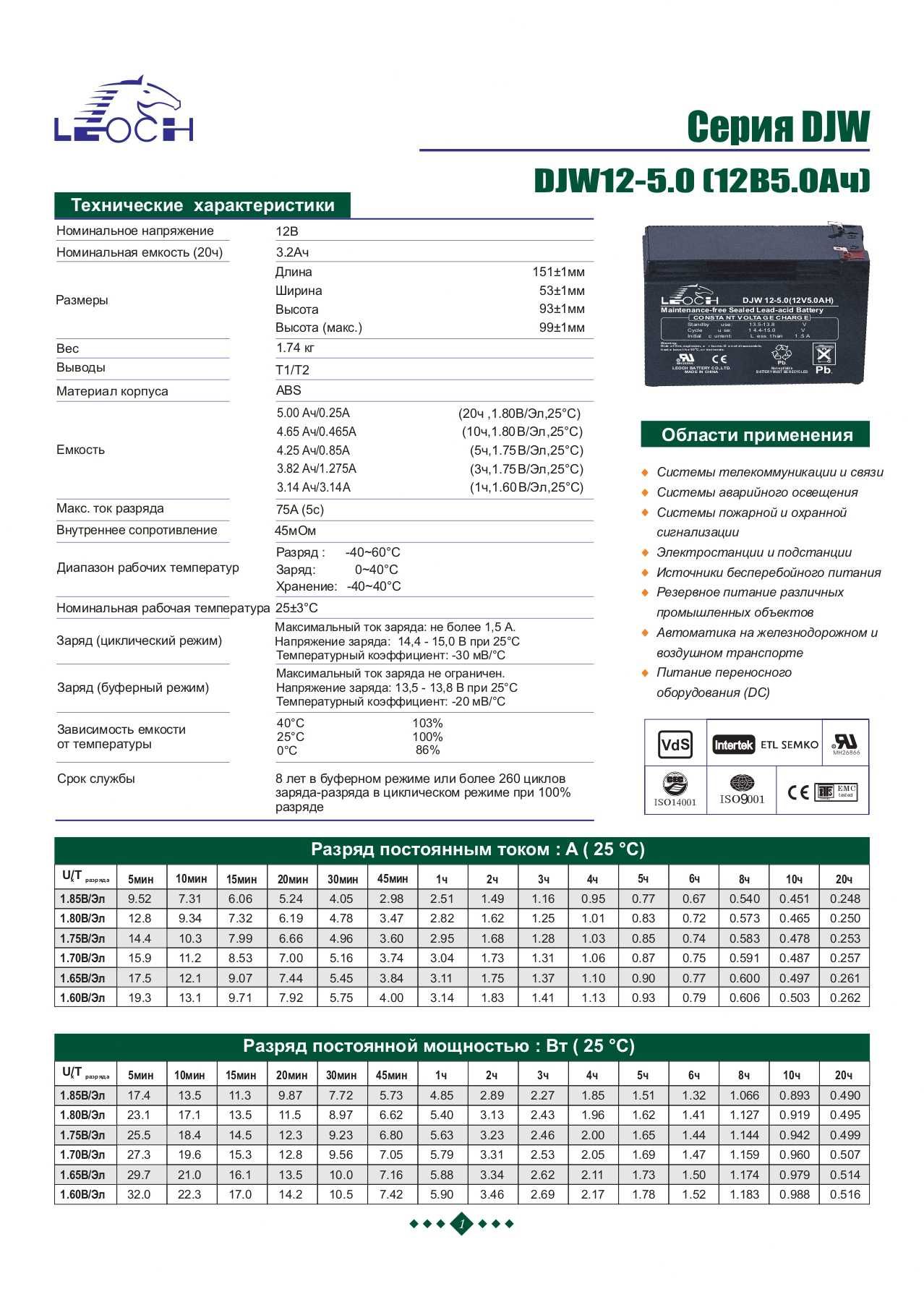 Аккумулятор AGM 12В 5Ачас LEOCH DJW12-5.0