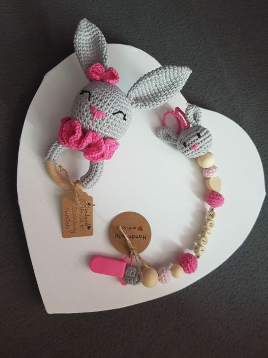 Zestaw grzechotka + zawieszka na smoczek handmade